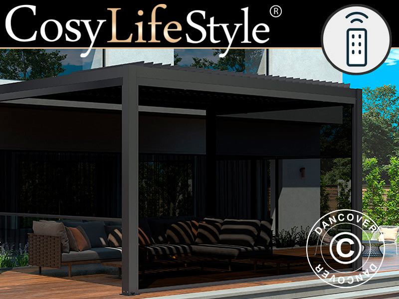 Electric sidewall screen for pergola gazebo San Pablo, 4 m, Black