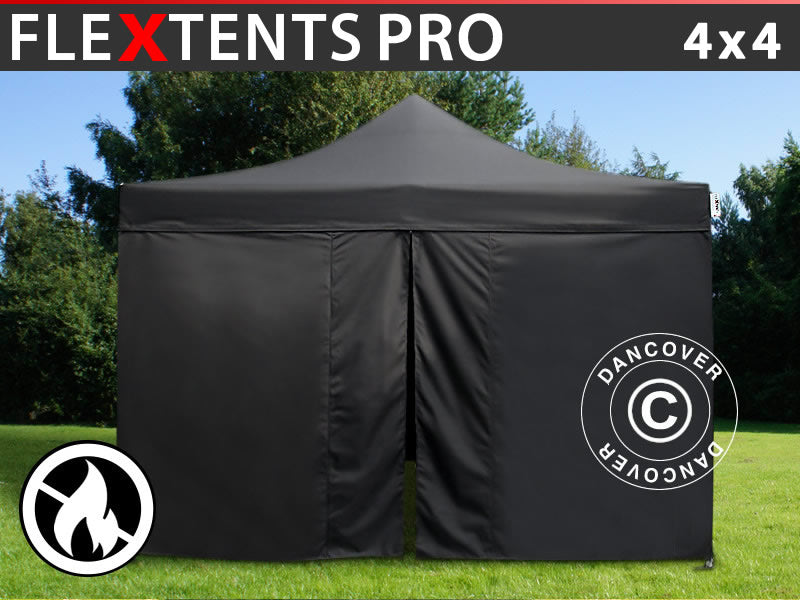 Pop up gazebo FleXtents PRO 4x4 m Black, Flame retardant, incl. 4 sidewalls