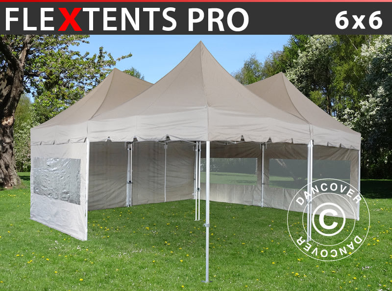 Pop up gazebo FleXtents PRO Peak Pagoda 6x6 m, Latte, Incl. 8 sidewalls