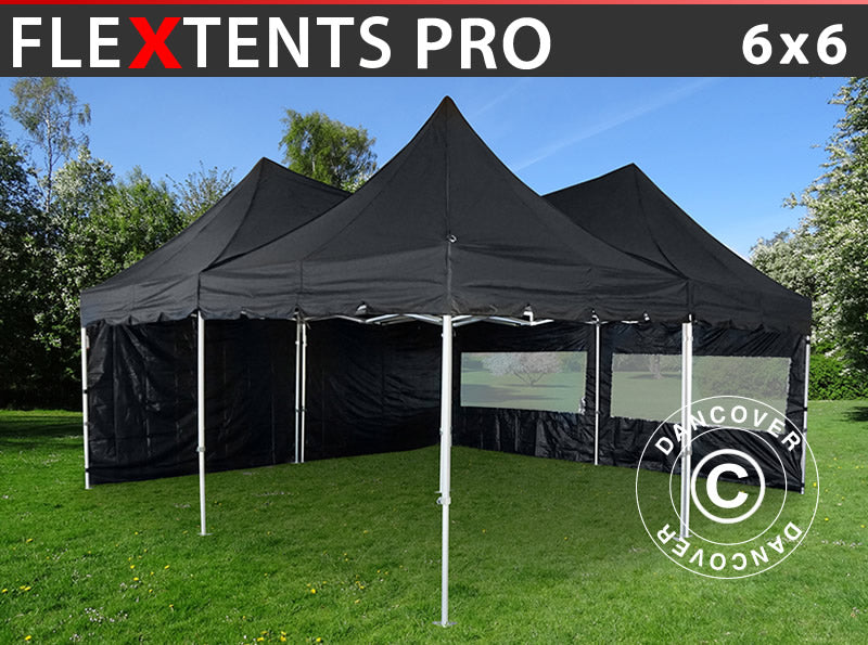 Pop up gazebo FleXtents PRO Peak Pagoda 6x6 m, Black, Incl. 8 sidewalls