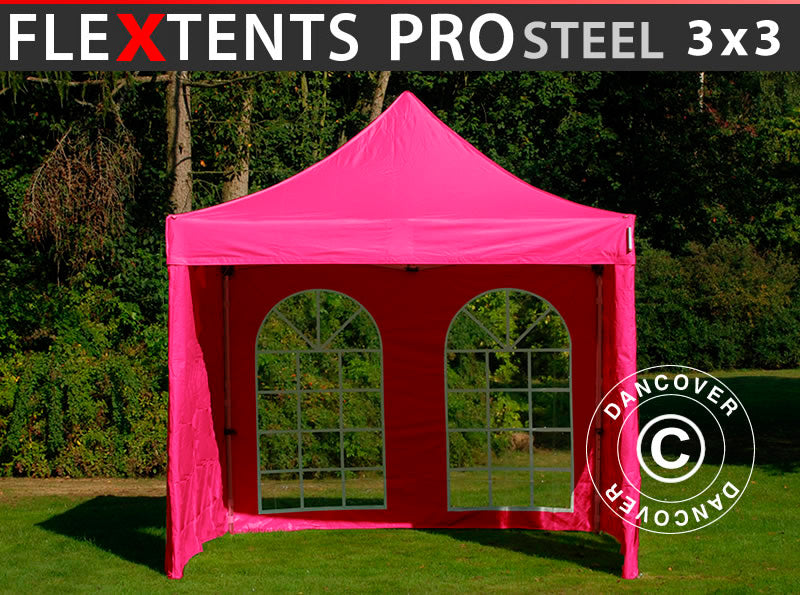 Pop up gazebo FleXtents PRO Steel 3x3 m Pink, incl. 4 sidewalls