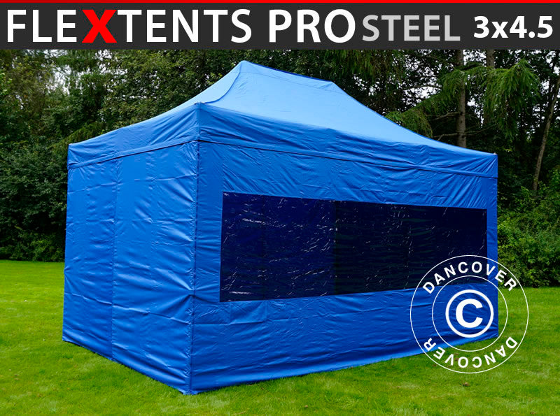 Pop up gazebo FleXtents PRO Steel 3x4.5 m, Blue, incl. 4 sidewalls