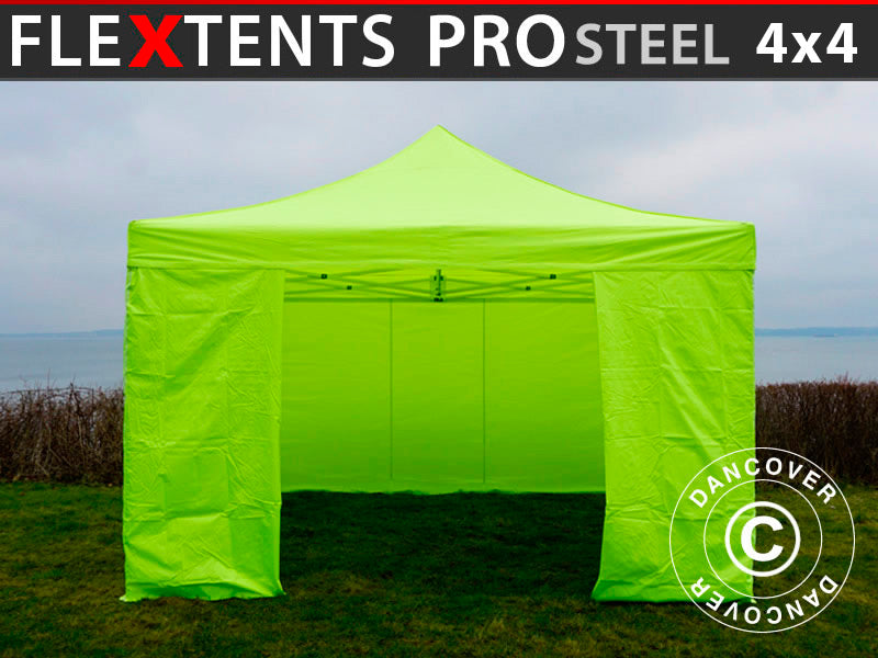 Pop up gazebo FleXtents PRO Steel 4x4 m Neon yellow/green, incl. 4 sidewalls ONLY 3 PCS. LEFT