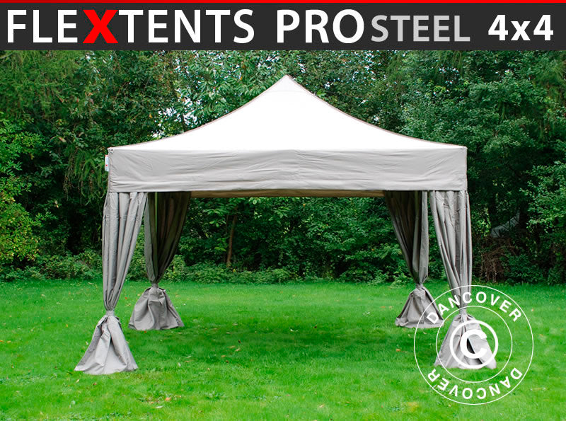 Pop up gazebo FleXtents PRO Steel 4x4 m Latte, incl. 4 decorative curtains