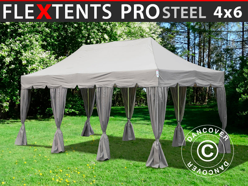 Pop up gazebo FleXtents PRO Steel "Peaked" 4x6 m Latte, incl. 8 decorative curtains