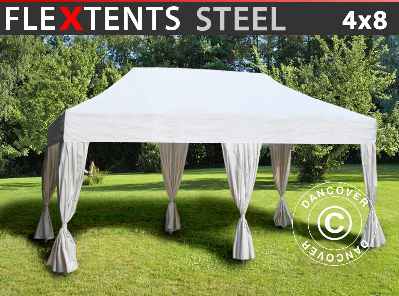 Pop up gazebo FleXtents Steel 4x8 m White, incl. 6 decorative curtains