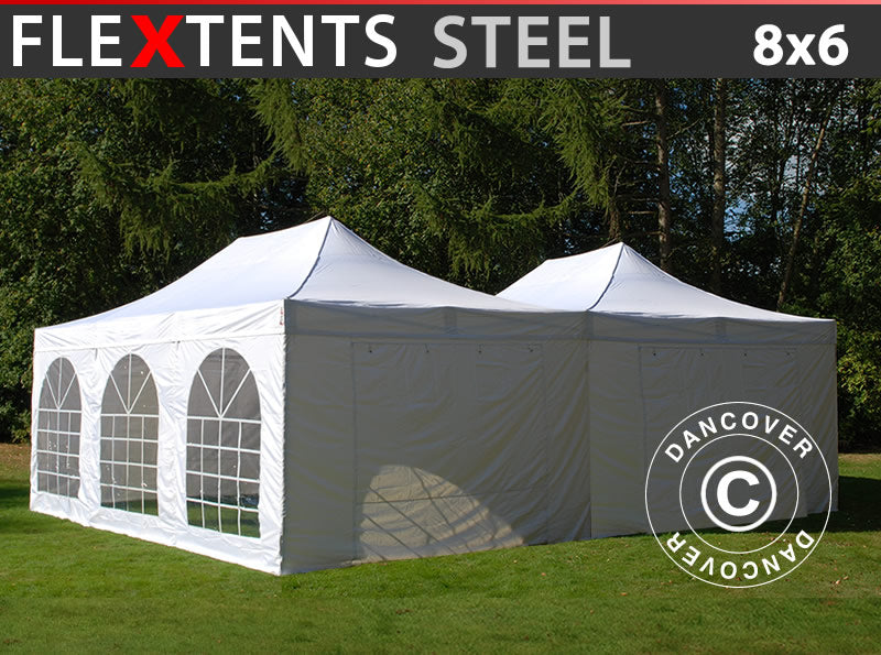 Pop up gazebo FleXtents Steel 8x6 m White, incl. 8 sidewalls
