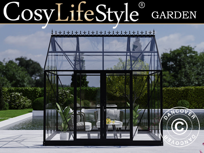 Orangery, greenhouse glass 8.9 m², 3.01x2.99x2.95 m w/base and cresting, Black