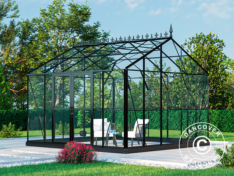 Orangery, greenhouse Glass 13.8 m², 3.73x3.71x3.16 m w/base and cresting, Black