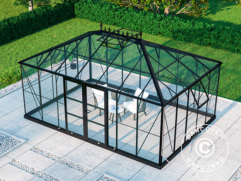 Orangery, greenhouse Glass 19 m², 5.14x3.71x3.15 m w/Base and cresting, Black