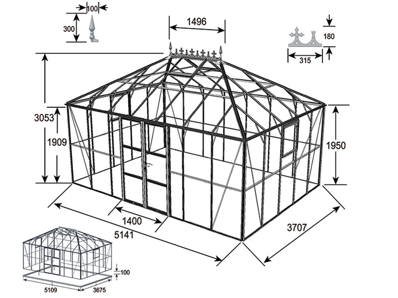Orangery, greenhouse Glass 19 m², 5.14x3.71x3.15 m w/Base and cresting, Black