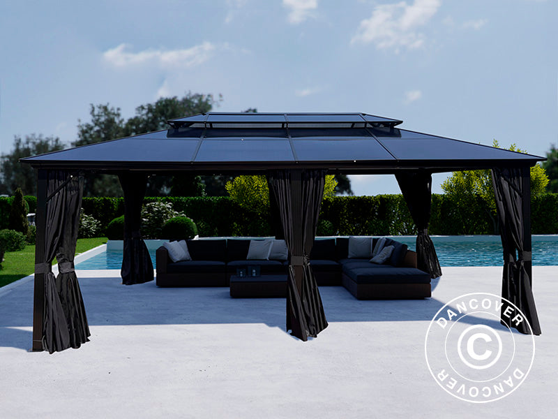 Gazebo Santa Ana Alu+ w/curtains and mosquito net, 3.65x6 m, Black