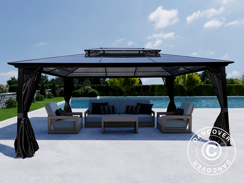 Gazebo Santa Ana Alu+ w/curtains and mosquito net, 3.65x4.85 m, Black