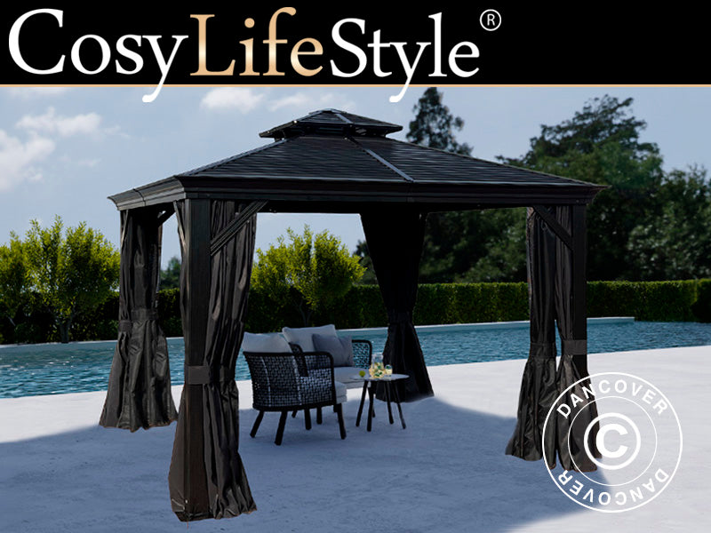 Gazebo San Bruno Alu+ w/curtains and mosquito net, 3x3 m, Black