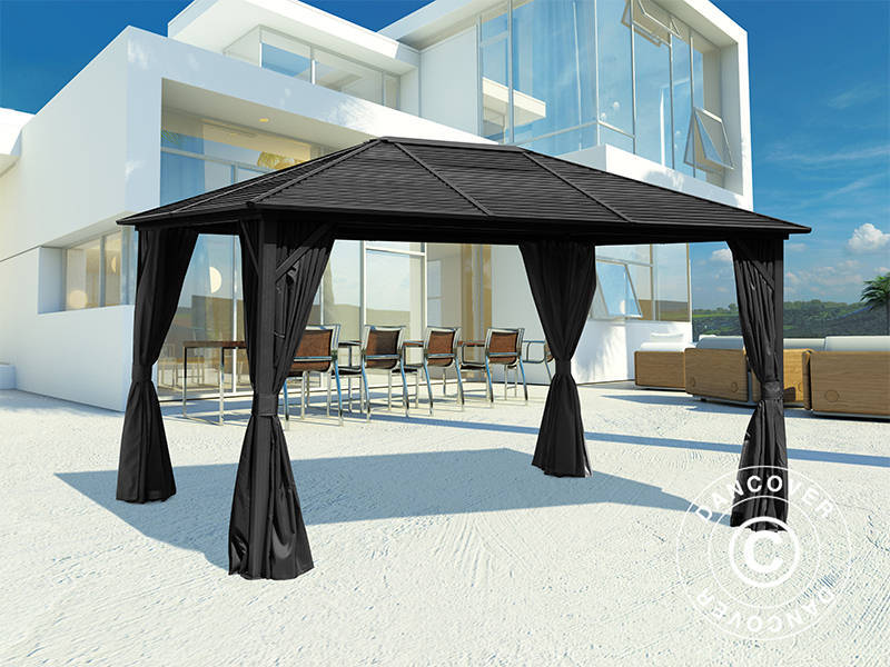 Gazebo San Luis Alu+ w/curtains and mosquito net, 3x4 m, Black