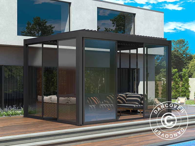 Bioclimatic pergola gazebo San Pablo Alu+ w/sliding doors, 3x4 m, Black