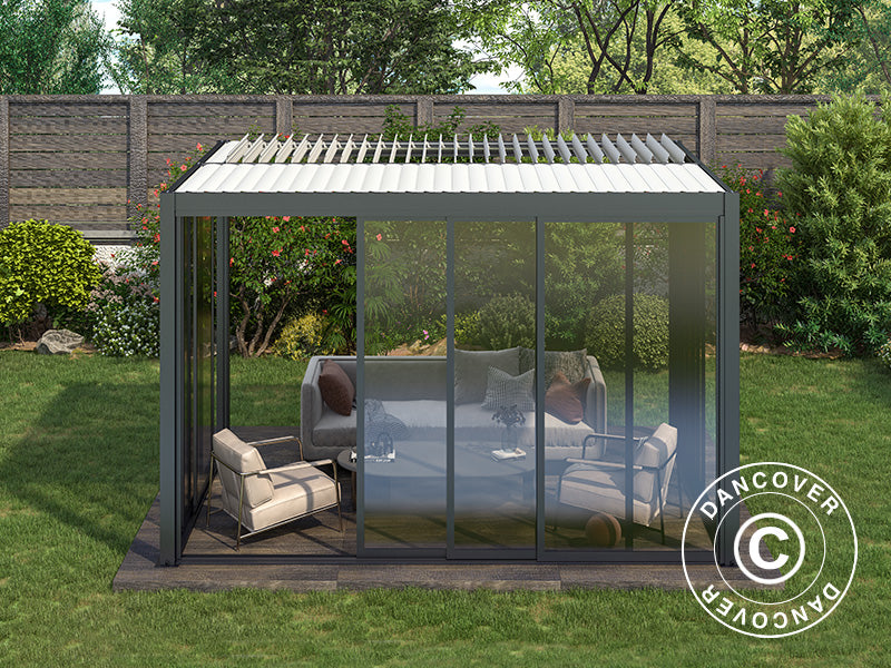Bioclimatic pergola gazebo San Pablo Alu+ w/sliding doors, 4x4 m, Black/White