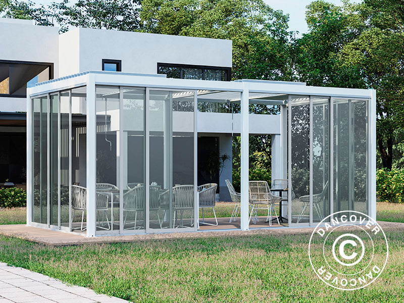 Bioclimatic pergola gazebo San Pablo Alu+ w/sliding doors, 3x5.8 m, White