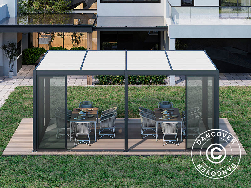 Bioclimatic pergola gazebo San Pablo Alu+ w/sliding doors, 4x5.8 m, Black/White