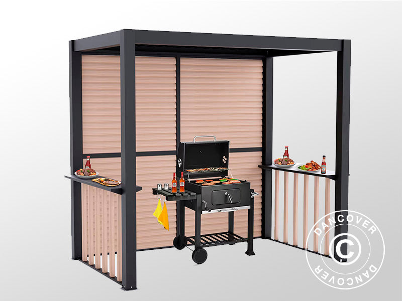 Pergola San Juan for BBQ, complete w/louvre walls and sides, 2.5x1.5x2.3 m, Black/Wood-look