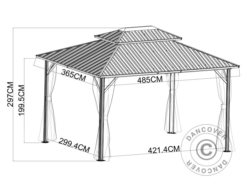 Gazebo San Francisco w/curtains and mosquito net, 3.65x4.85 m, Black
