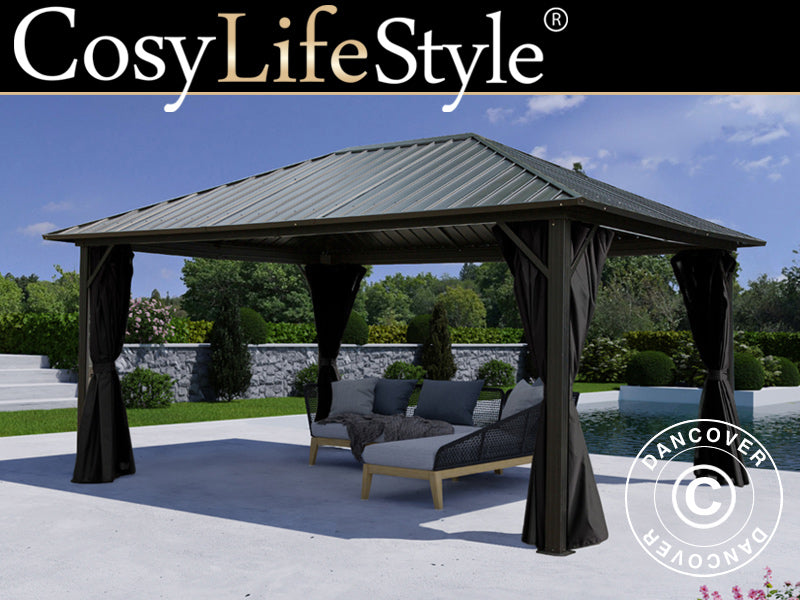 Gazebo San Bernardino w/curtains and mosquito net, 3.65x4.85 m, Black