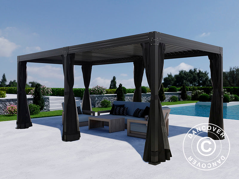 Bioclimatic pergola gazebo Monterey, 3x6 m, w/curtains and mosquito net, Black