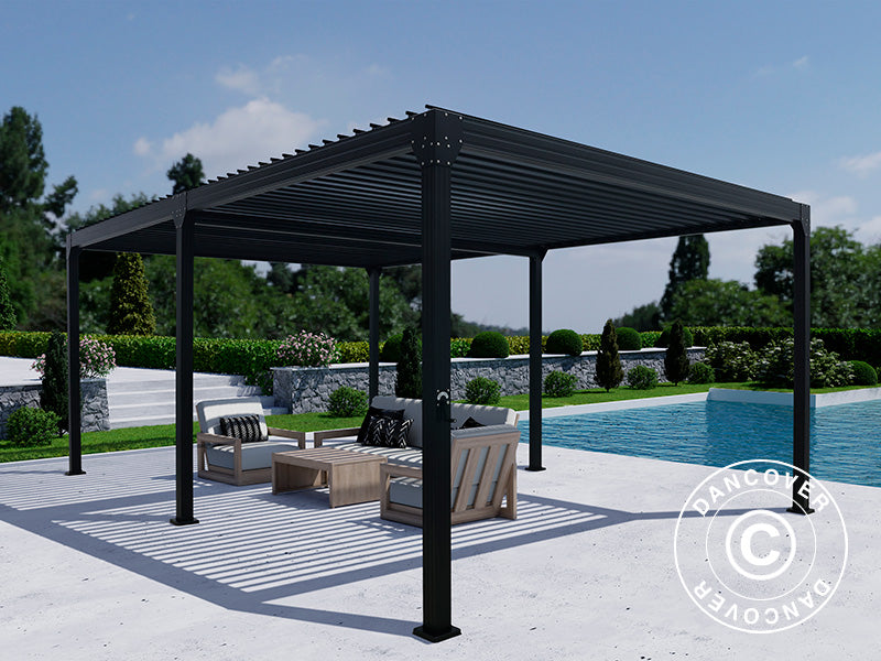 Bioclimatic pergola gazebo Monterey, 4x6 m, w/curtains and mosquito net, Black