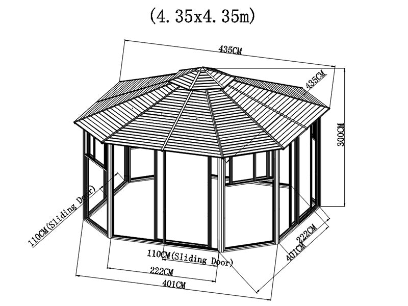 Gazebo San Bruno w/polycarbonate sidewalls, octagonal 4.35x4.35 m, Brass