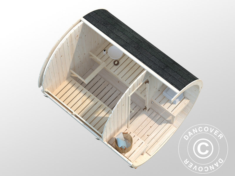 Barrel sauna, Ø2.2x2.5x2.25 m, 1.3+0.7 m², Natural