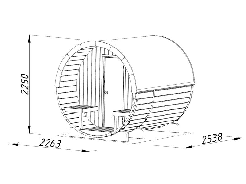 Barrel sauna, Ø2.2x2.5x2.25 m, 1.3+0.7 m², Natural