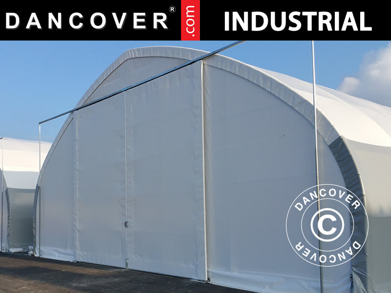 Storage shelter, arched tent 10x15x5.54 m w/sliding gate, PVC, White/Grey