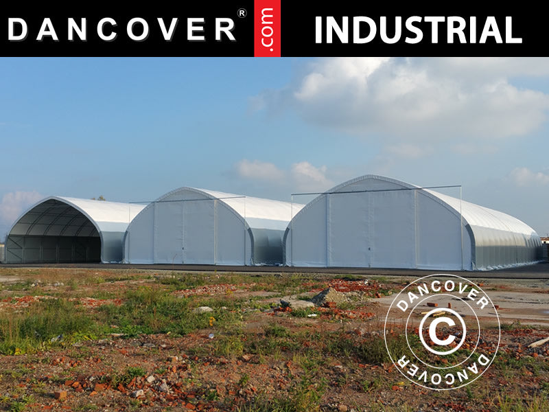 Storage shelter, arched tent 15x15x7.42 m w/sliding gate, PVC, White/Grey