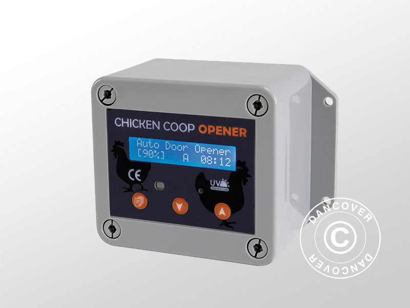 Chicken coop hatch opener w/timer and sensor, 14x7x10 cm, Grey