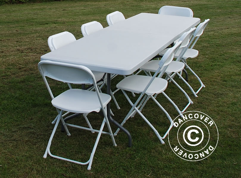 Party package, 1 folding table (240 cm) + 8 chairs, Light grey/White
