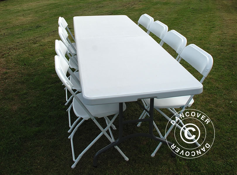 Party package, 1 folding table (240 cm) + 8 chairs, Light grey/White