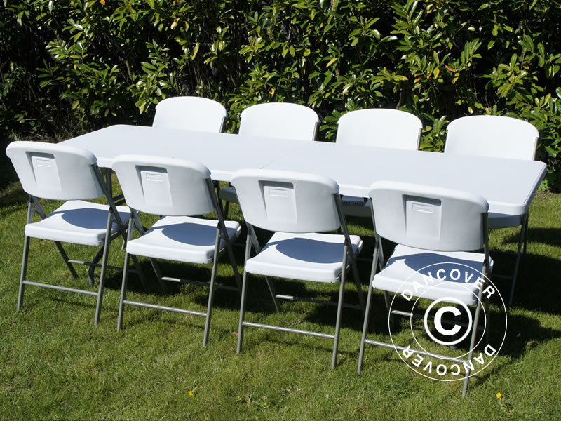 Party package, 1 folding table (240 cm) + 8 chairs, Light grey/White