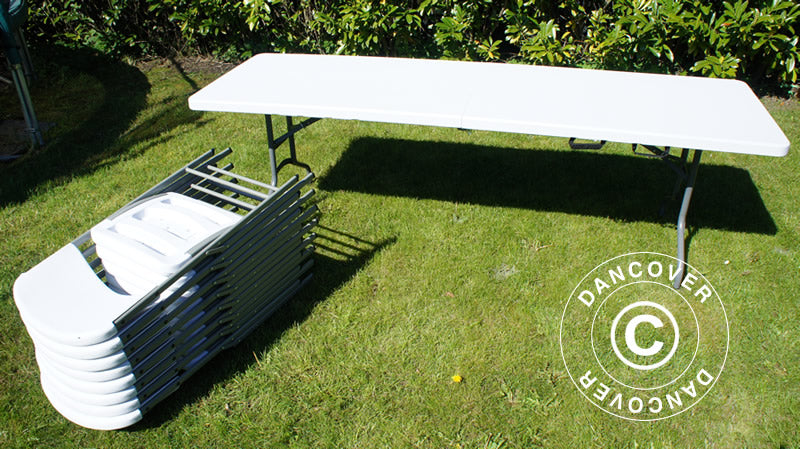 Party package, 1 folding table (240 cm) + 8 chairs, Light grey/White