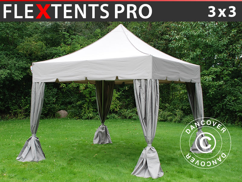 Pop up gazebo FleXtents PRO "Peaked" 3x3 m Latte, incl. 4 decorative curtains