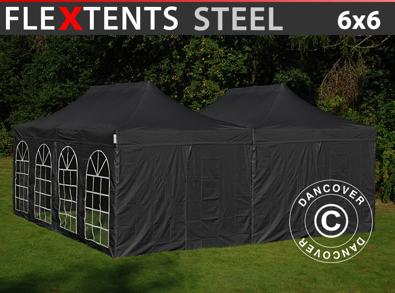 Pop up gazebo FleXtents Steel 6x6 m Black, incl. 8 sidewalls