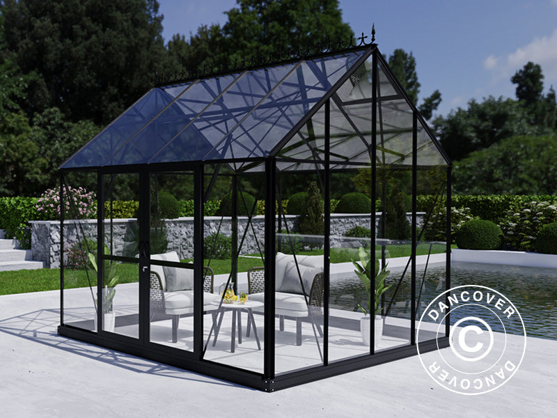 Orangery, greenhouse glass 8.9 m², 3.01x2.99x2.95 m w/base and cresting, Black