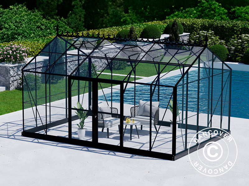 Orangery, greenhouse Glass 16.5 m², 4.45x3.71x3.16 m w/base and cresting, Black