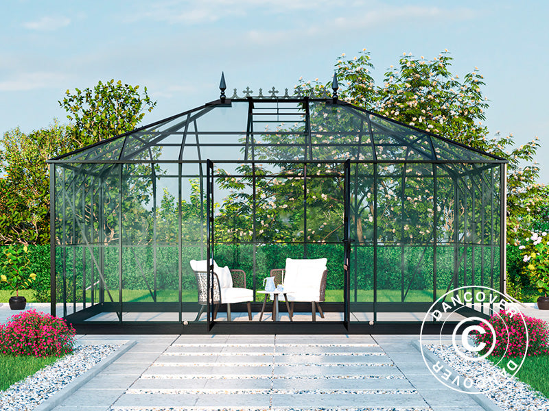 Orangery, greenhouse Glass 19 m², 5.14x3.71x3.15 m w/Base and cresting, Black