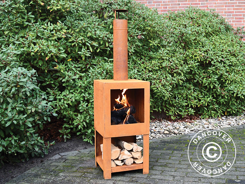 Outdoor fireplace incl. wood storage, 38.4x38.4x136 cm, Rust