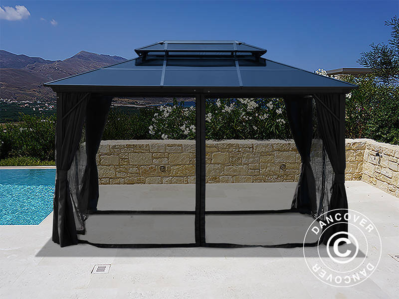 Gazebo Santa Ana Alu+ w/curtains and mosquito net, 3x4 m, Black