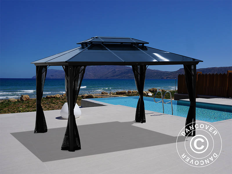 Gazebo Santa Ana Alu+ w/curtains and mosquito net, 3x4 m, Black