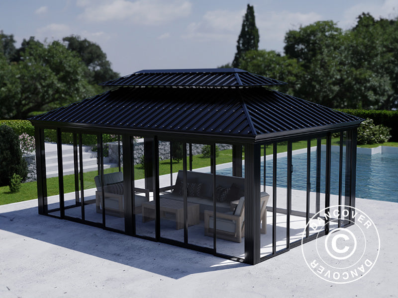 Gazebo Santa Fe Alu+ w/sidewalls and sliding doors, 3,65x6 m, Black