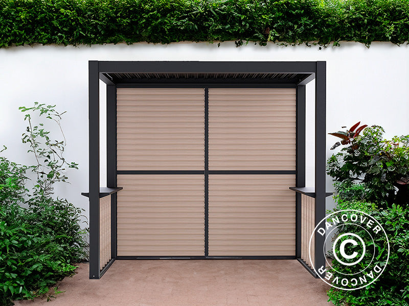 Pergola San Juan for BBQ, complete w/louvre walls and sides, 2.5x1.5x2.3 m, Black/Wood-look