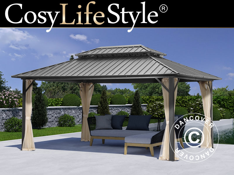 Gazebo San Francisco w/curtains and mosquito net, 3.65x4.85 m, Black/Ecru