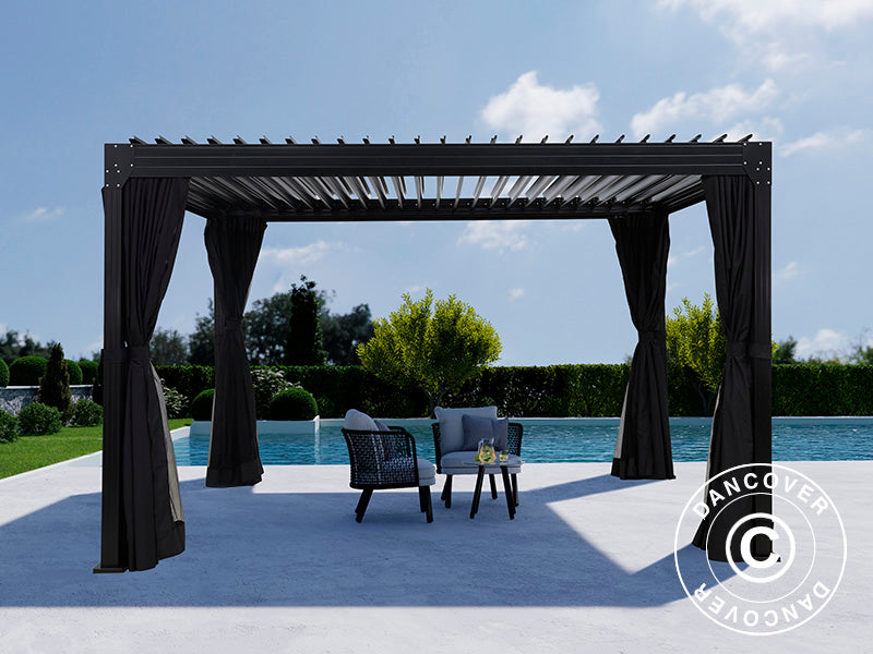 Bioclimatic pergola gazebo Monterey, 3x4 m, w/curtains and mosquito net, Black